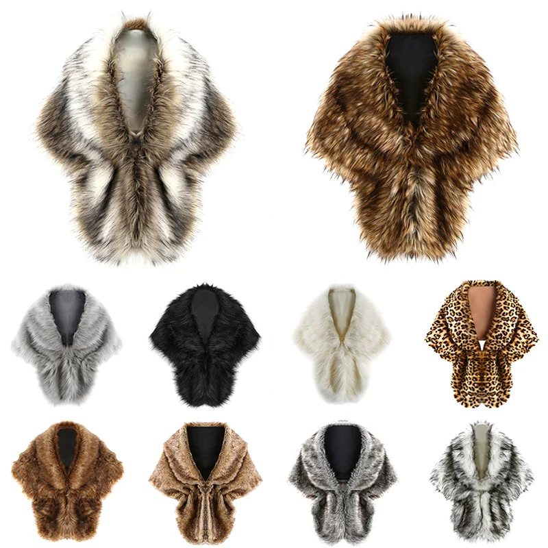 

Women's Faux Fur Long Shawl Winter Warm Stole Wrap Shrug Scarf Wedding Plush Cloak Bridal Jacket Cape for Evening Party Decor