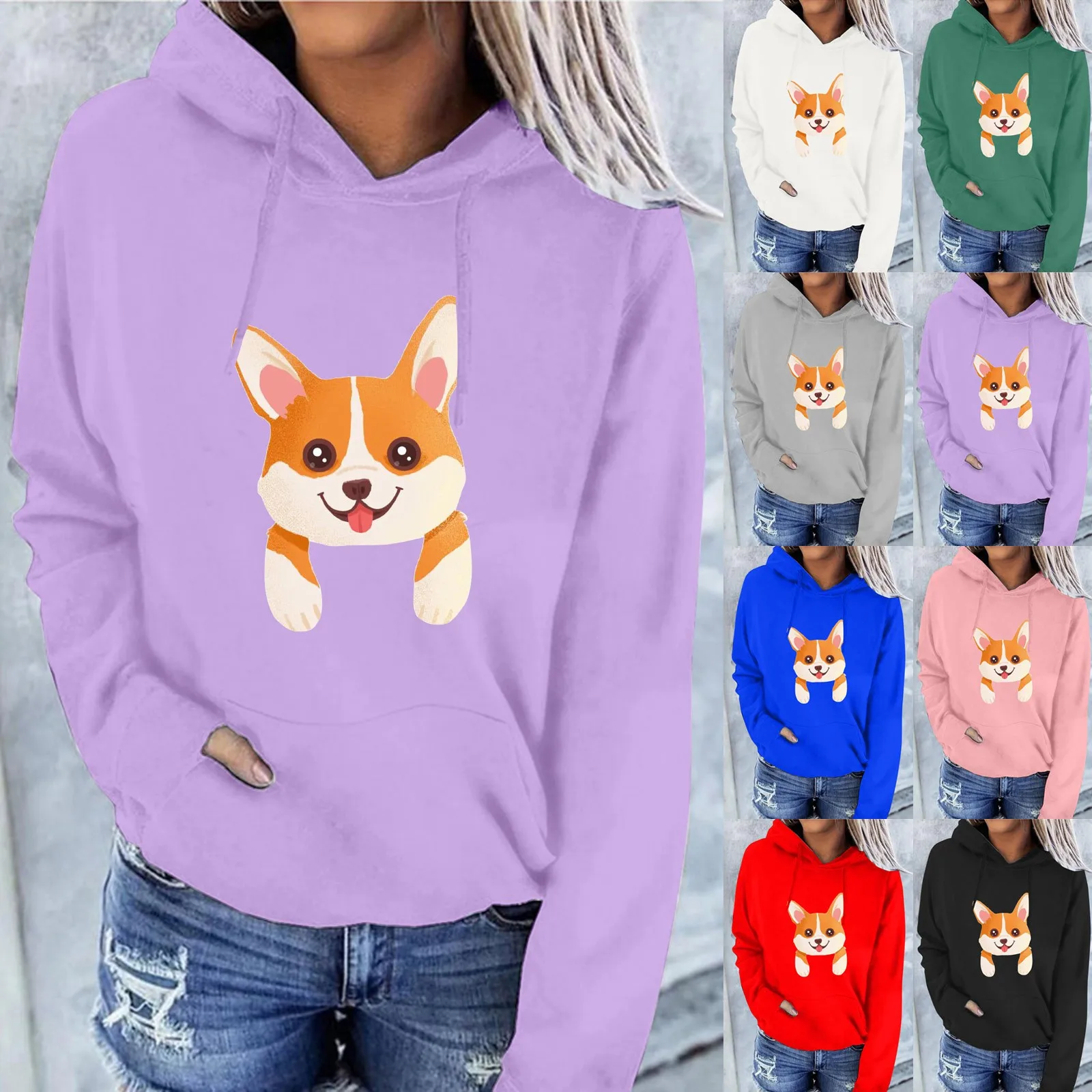 

Bulk Hoodies for Women Autumn And Winter Print Hoodie Cute Cartoon Corgi Pattern Pullover Fashion Lined Sweatshirt Women