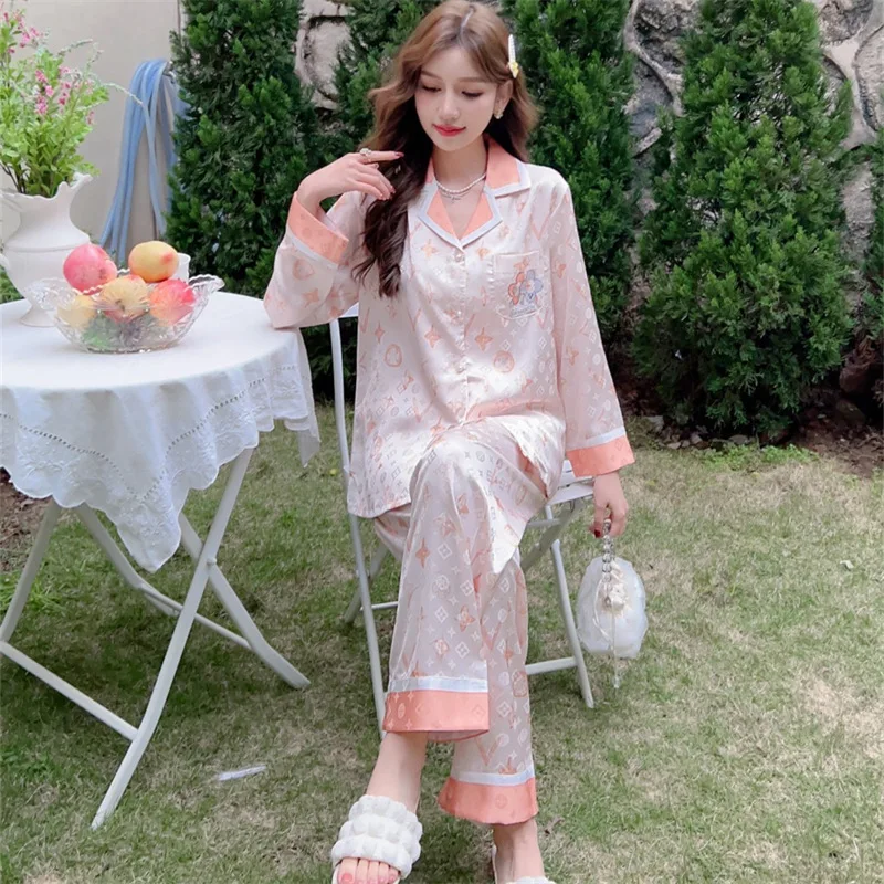 2023 Spring and Autumn New Artificial Silk Jacquard Pajamas Women's Long-Sleeved Trousers Pajamas Suit Fashion Comfortable Homew