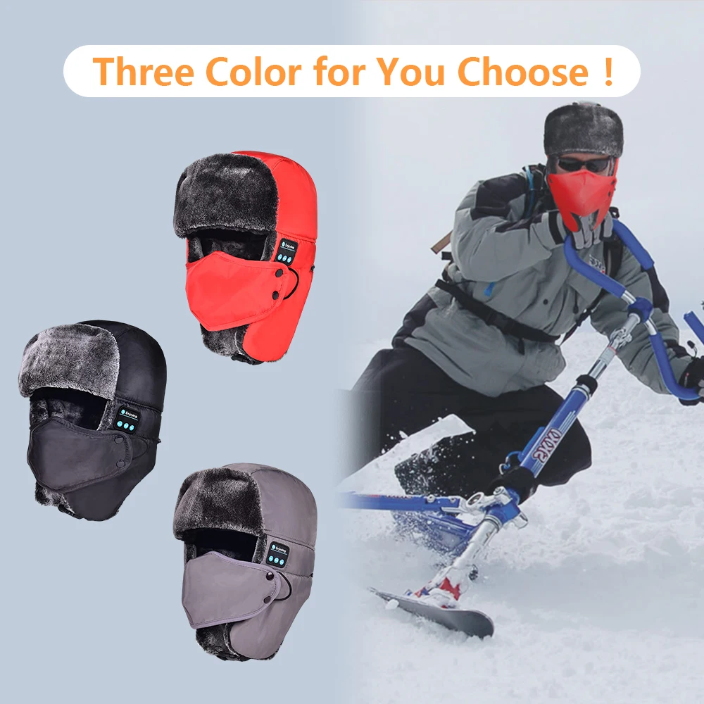 

Winter Trapper Hat for Men Warm with Bluetooth Wirelesss Headphones, Bomber Russian Beanie with Ear Flaps and Ski Face Cover
