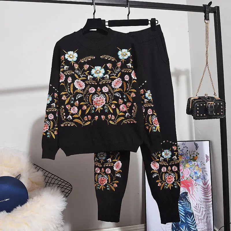 Trendy Women Knitted Two-piece Set Flowers Embroidery Pullovers Knit Sweater Top + All-match Loose Harem Pants Spring Autumn