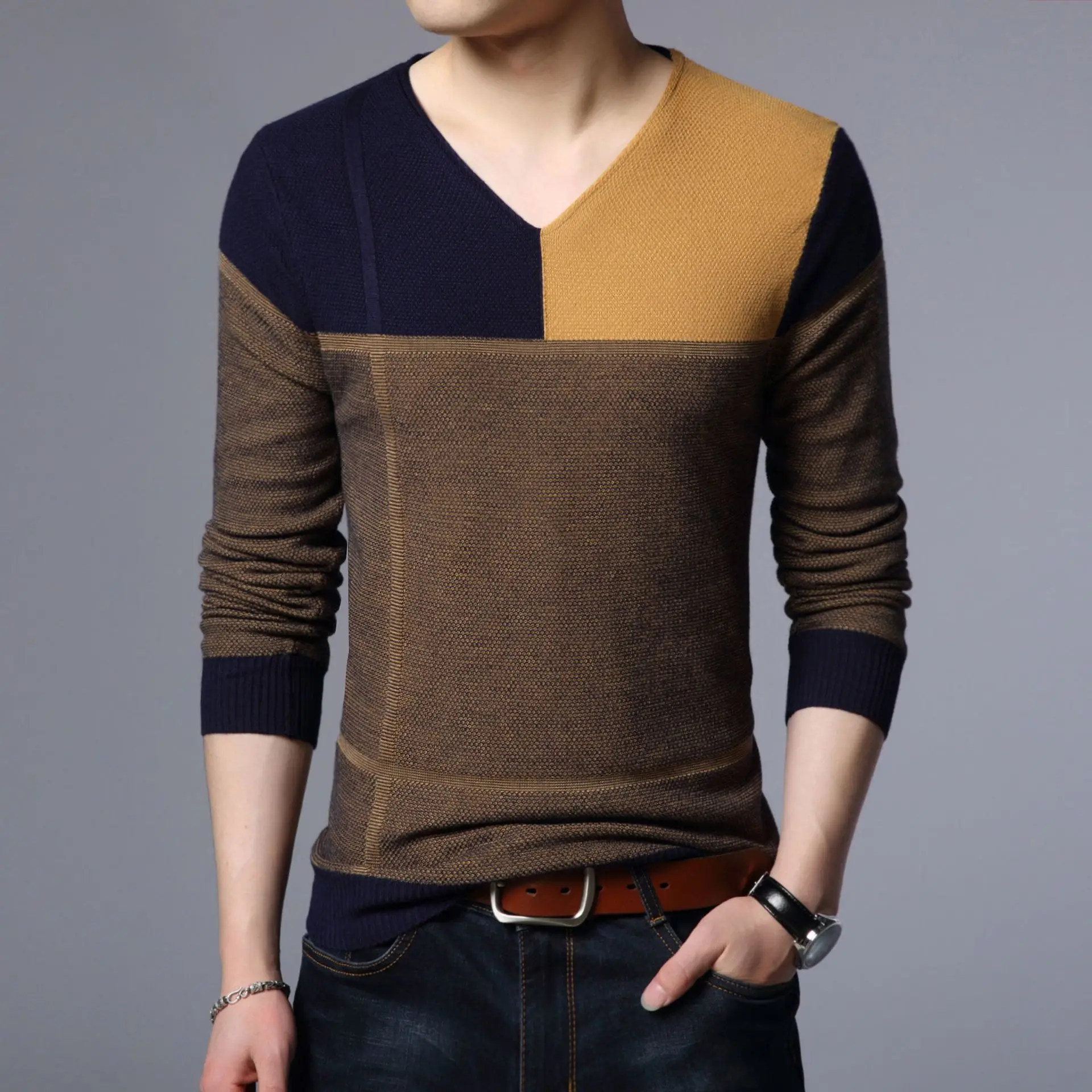 

Джемпер мужской в полоску, трикотажный облегающий пуловер с V-образным вырезом, повседневная верхняя одежда в стиле пэчворк, весна-осень