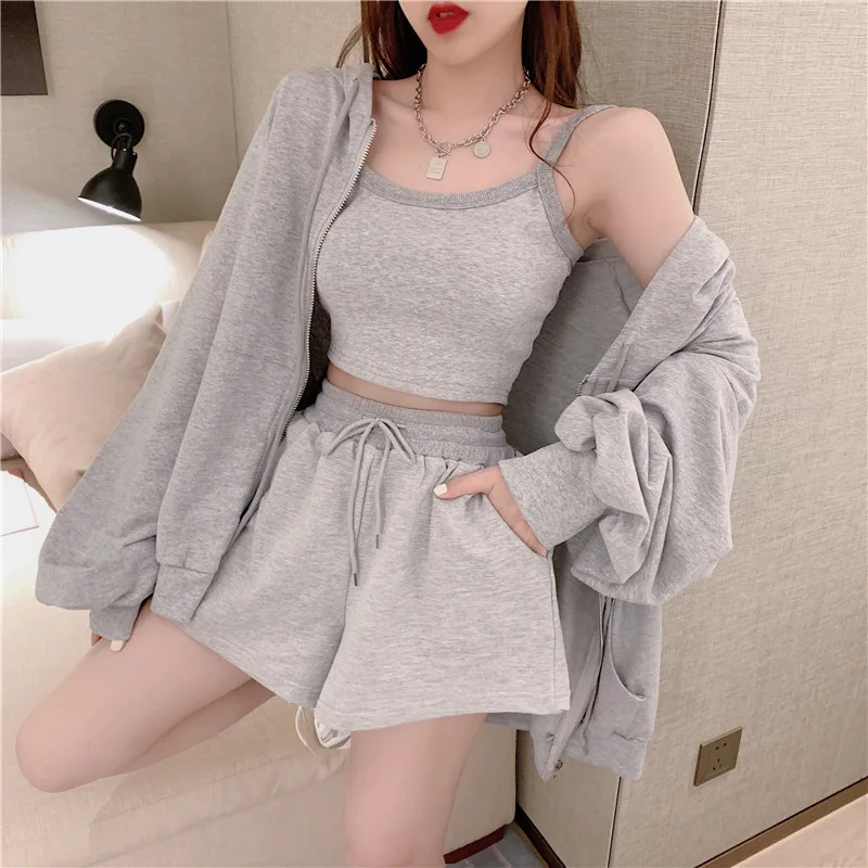 Loungewear Women 3 Pieces Summer Sleepwear Fashion Vest Lingerie Long Sleeve Zipper Hooded Lace-up Shorts Women's Pijamad