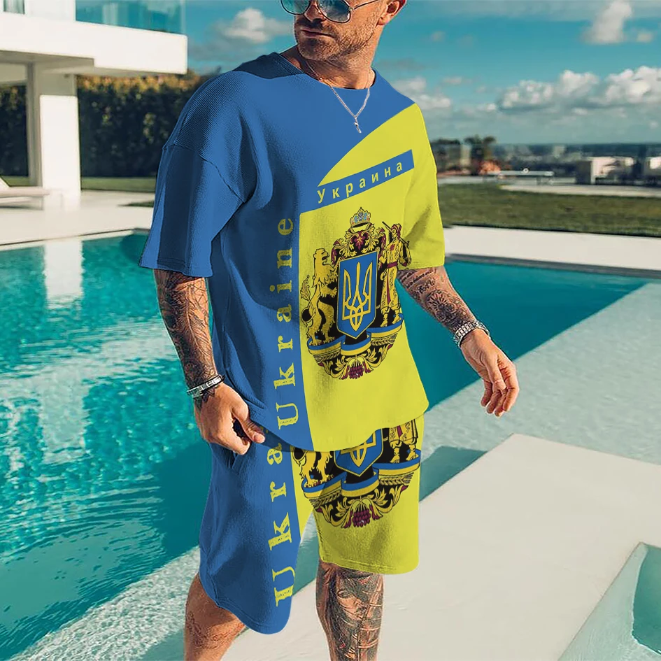 

2022 Summer Men's Suit Ukraine Flag 3D Printing Ladies Fashion Retro PersonalityT-Shirt + Shorts 2-piece set Casual Jogging