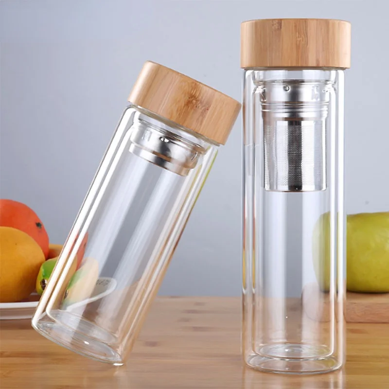 

450Ml Glass Water Bottle Anti-scald Double Wall Tea Bottle With Infuser Filter Strainer Office Clear Drinking Bottle