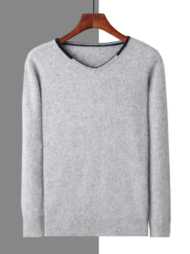 Осень-зима мужской кашемировый свитер пуловер с v-образным вырезом и длинными