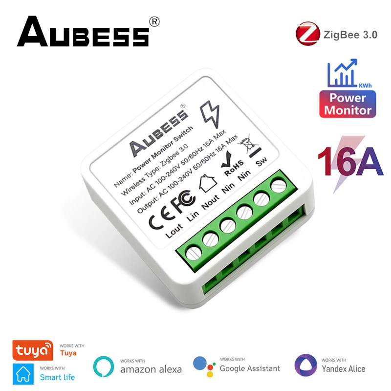

Умный мини-переключатель Tuya ZigBee, с монитором заряда 16 А, двухсторонний, с поддержкой Wi-Fi и Google Home