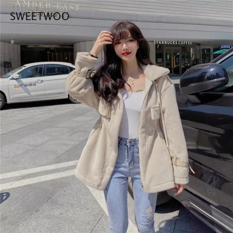 Winter Soft Warm Thick Faux Fur Coat Women Drop Shoulder Long Sleeve Zipper Drawstring Fluffy Jacket Korean Fashion Slim 2022