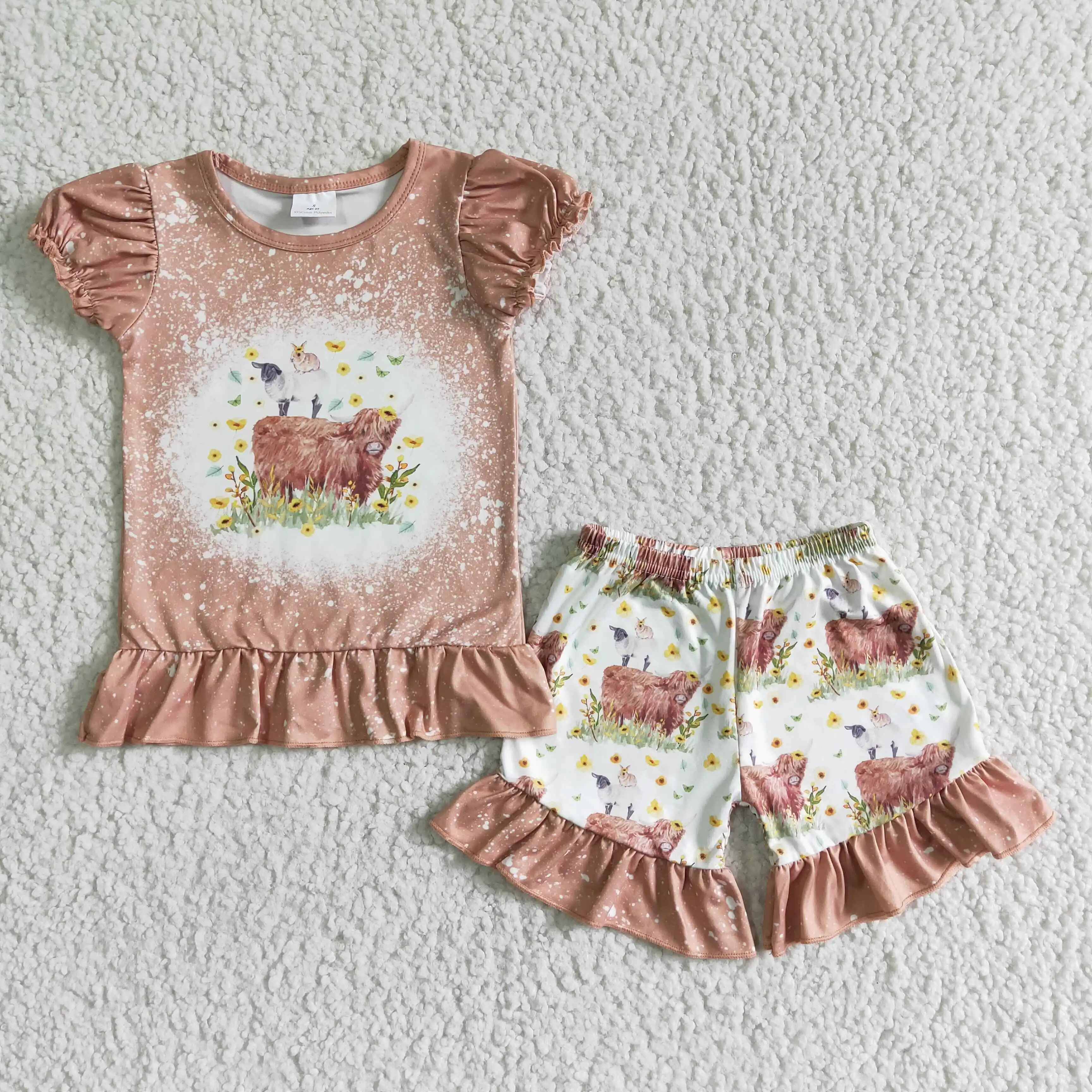 

summer casual 2 pcs clothing set short sleeve print top and shorts outfit infant baby girl clothing set kids cartoon outfit