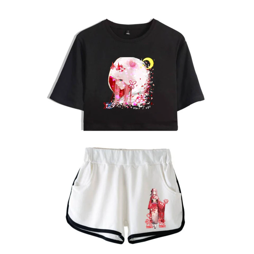 

Classic DARLING In The FRANXX Print Short Sleeve Cool Sexy Shorts+lovely T-shirts Dew navel Pretty Girl suits Two Piece Set