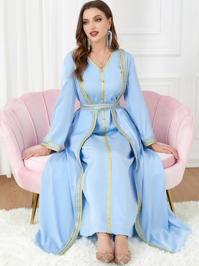 Gulf Jalabiyas Woman's Evening Dress 2pcs Long Dresses Muslim Set Abaya Dubai Luxury High Class V-Neck Lace Tape Belted Kaftan