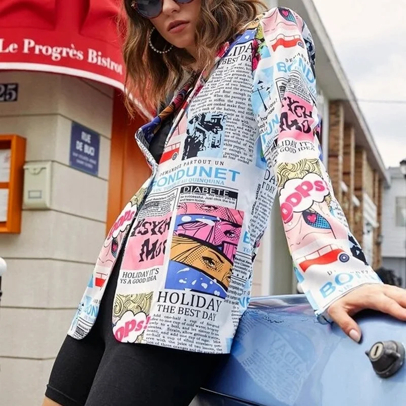 Spring Plus Size New Fashion Top Jacket Elegant Ladies Fashion Newspaper Printing Retro Casual Streetwear Ladies Suit Jacket