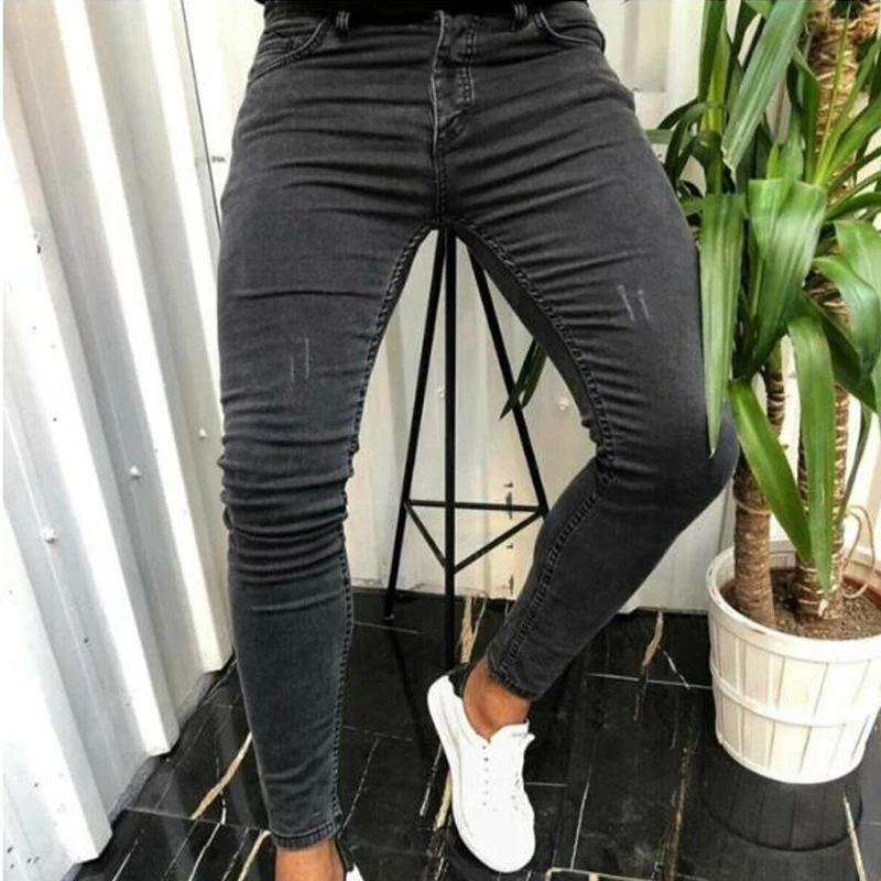 2022 Autumn Winter New Men's Jeans Mid Waist Solid Color Casual Trend Trousers Streetwear High Quality Stretch Skinny Jeans