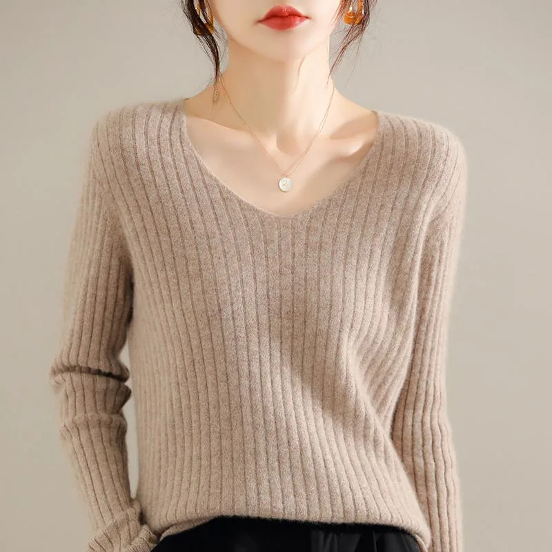 

Hot Sale 100% Pure Wool Knitting Sweaters Women Vneck Soft Warm Pullovers Female Winter Woolen Knitwears