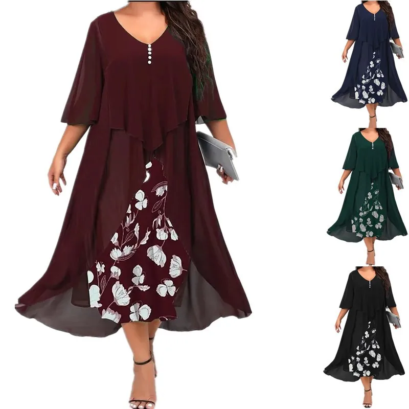 

Elegant Women's Dresses 2023 Summer Lady Loose Chiffon Splice Fake Two Piece Irregular Mid Sleeve Dress Female Robe S-5XL