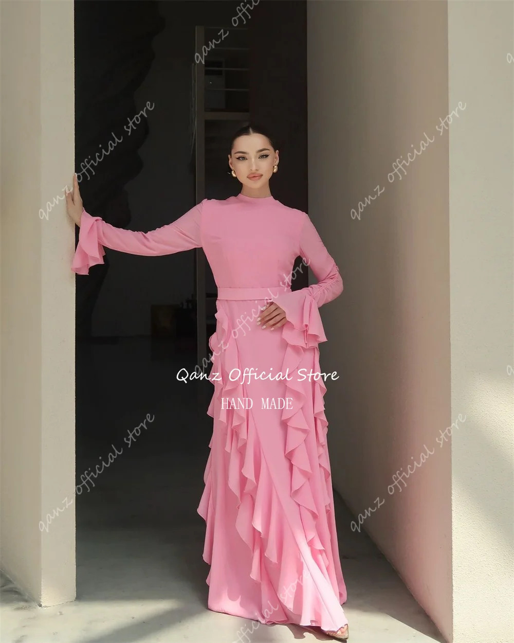 Qanz розовые шифоновые вечерние платья с длинными рукавами и оборками