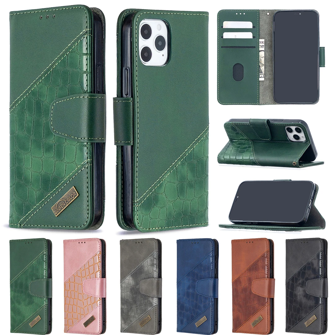 

PU Leather Phone Case for iPhone 13 11 12 ProMax SE2020 XR XS 7 8 Plus Flip Wallet Etui Crocodile Pattern Splicing Protect Cover