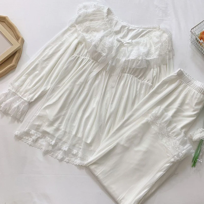Women Female Fairy Ruffles Modal Lace Victorian Pajamas Loungewear Two Piece Suits Lolita Vintage Princess Nightgowns Sleepwear