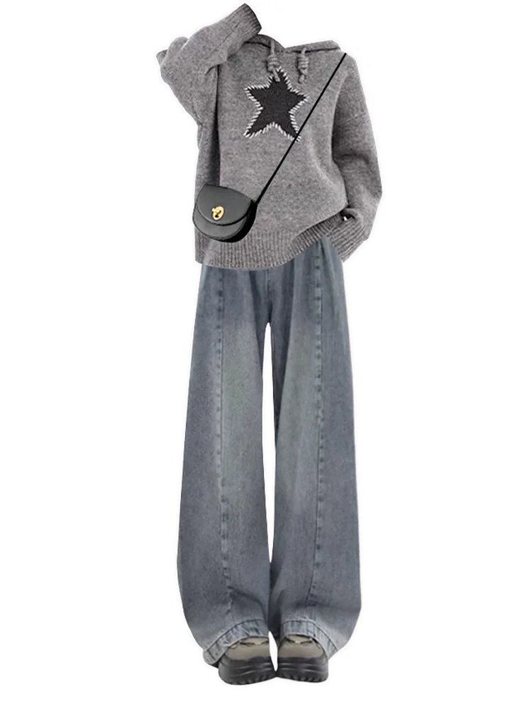 Plus size Autumn Denim Suit Women Idle Sle Loose Hood Knit sweater High Waist Slimming Wide Leg Pants Two-piece Set