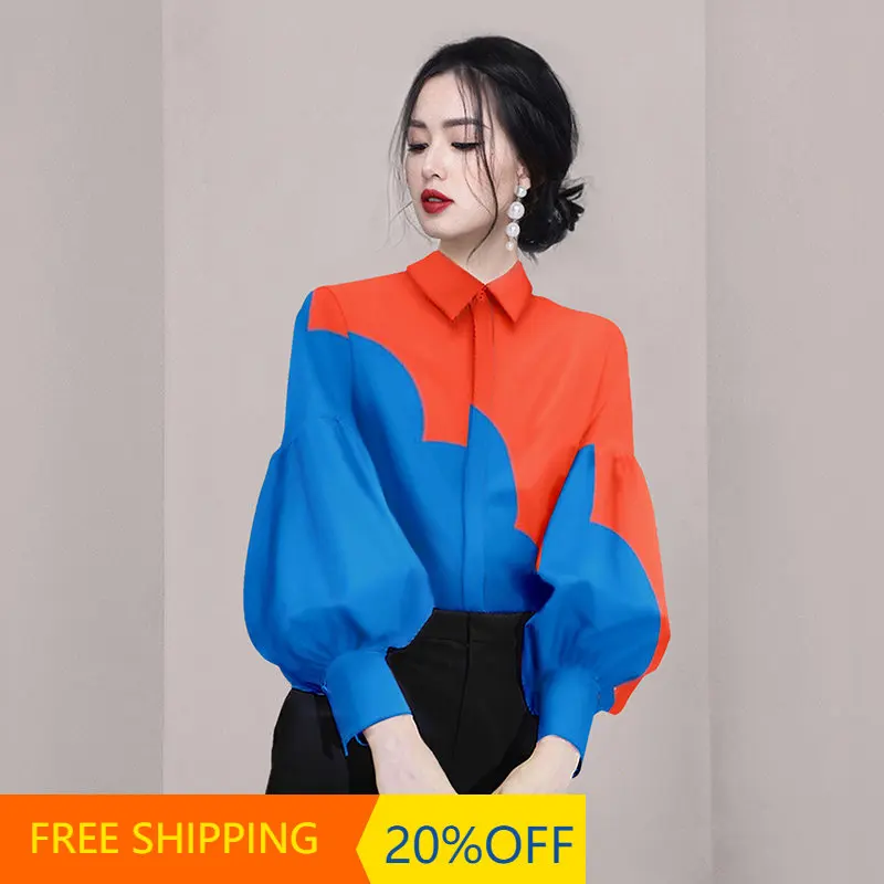 

Блузка женская шифоновая с длинным рукавом, модная рубашка с принтом, Свободный Топ в Корейском стиле, повседневная одежда с воротником-сто...