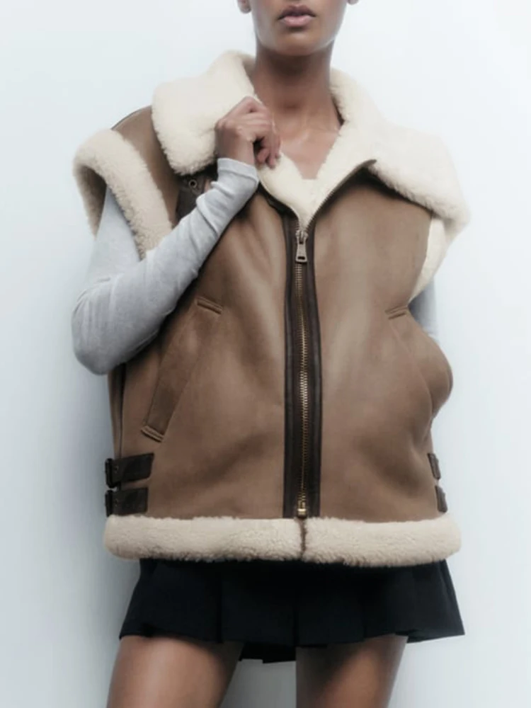 

ZBRA 2022 Autumn Winter Fleece Vest Coat Women Fashion Jacket Splice Sleeveless Waistcoat Coat Ladies Warm Outwear Tops