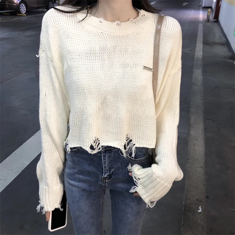 

WDMSNA Korean Chic Round Neck Outer Knitted Sweater Women Long Sleeve Pull Femme Autumn Winter 2022 New Hem Hole Crop Top Women