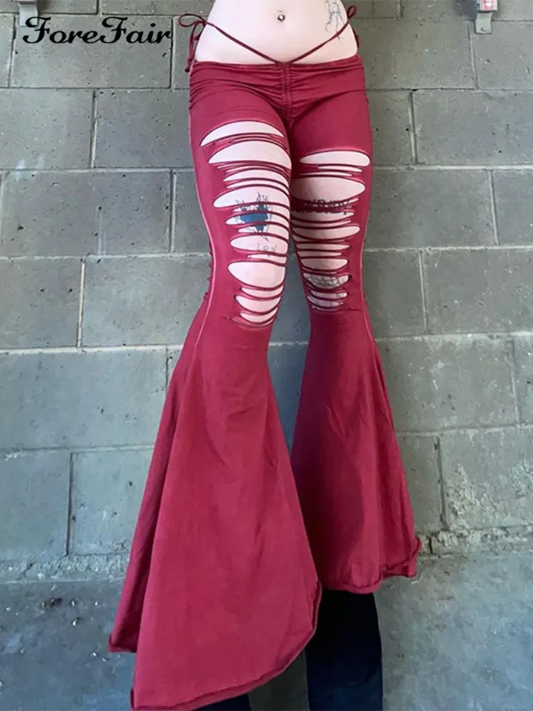 

Женские ажурные длинные брюки Forefair Y2k, пикантные брюки с низкой талией и вырезами, Повседневная Уличная мода на осень и зиму