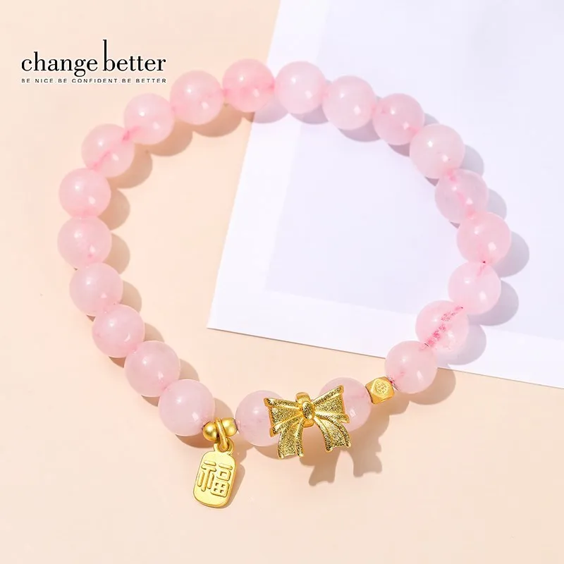 

Change Better Natural Pink Quartz Round Beaded Bracelet For Female Fashion Design Bowknot Sweet Elastic Yoga Jewelry Friendship