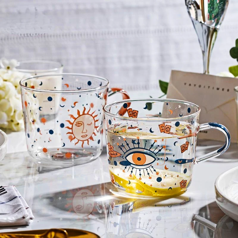 

500ml Creative Scale Heat-resistant glass Mug Breakfast Milk Coffe Cup Household Couple Water Cup Sun Eye Pattern Drinkware