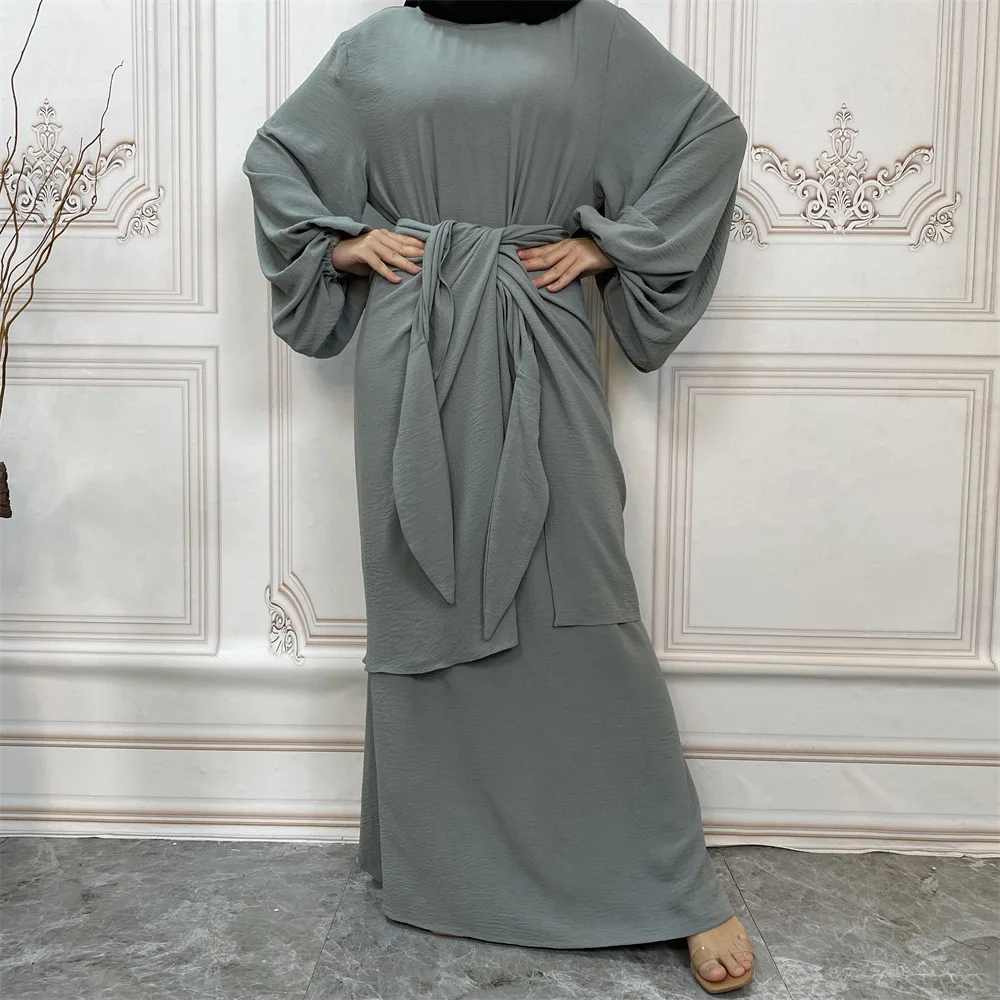 Bubble Crepe Abaya Dress Two Piece Muslim Sets Dubai Islam Turkey Evening Dresses for Women with Front Wrap Skirt Kaftan Robe