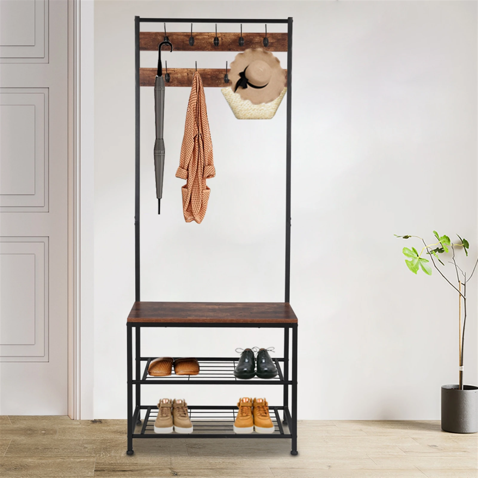 

Industrial Wooden Coat Rack Clothes Hanger Floor Hanger With 2 Layer Shoes Rack And Shoe Stool Rustic Brown Bedroom Furniture