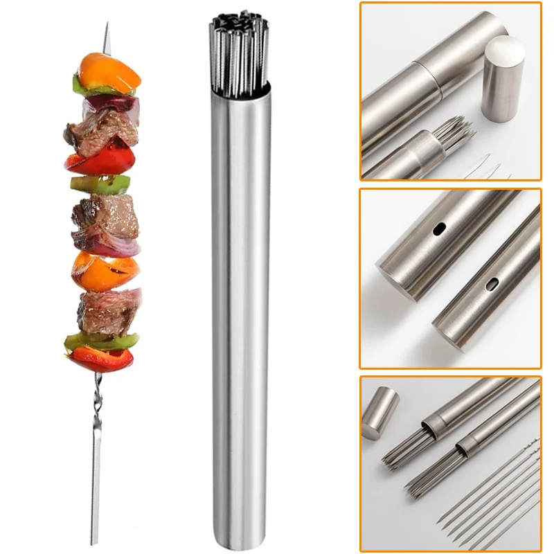 

Picnic Stick Skewers Barbecue Kebab With Tools Camping Tube For Reusable Iron Steel 50pcs Stainless Outdoor Skewer Portable