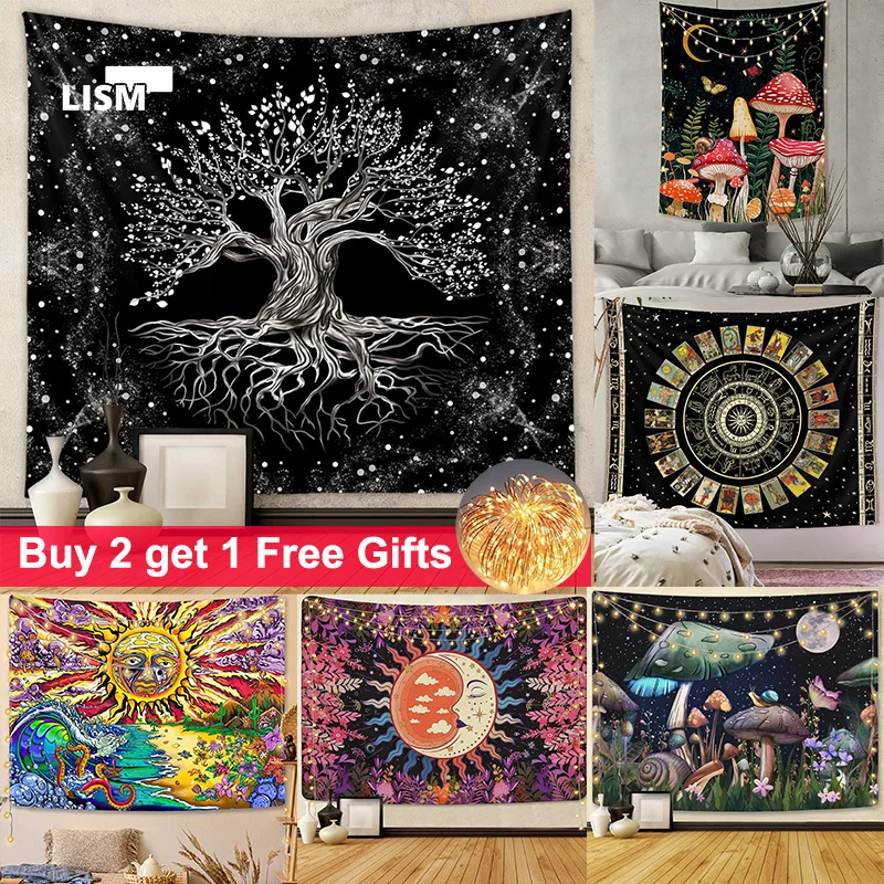 

2022 Sun and Moon Tapestry Burning Sun with Star Tapestry Psychedelic Flower Botanical Mystic Tapestries Wall Hanging