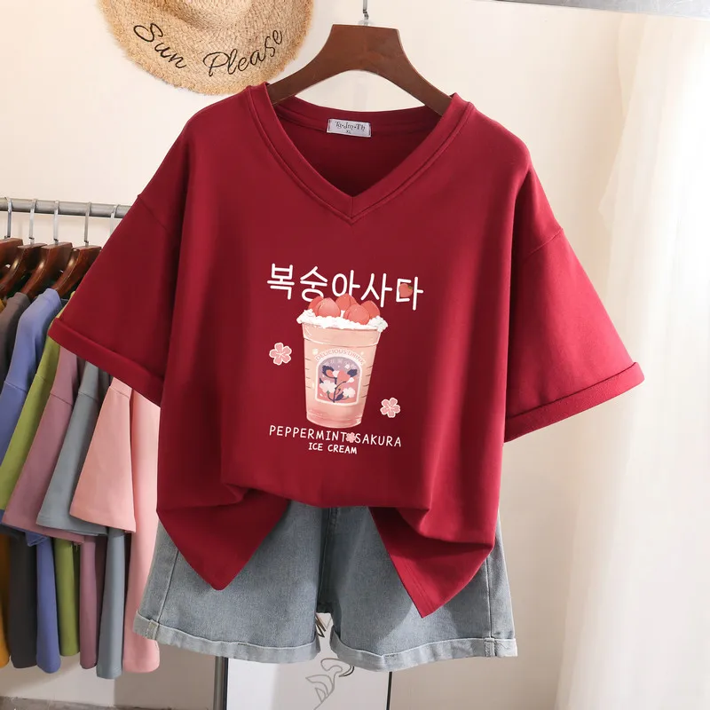 

EBAIHUI 100% Cotton L-6XL T Shirt Plus Size Tshirt Short Sleeve Women Top Summer Cartoon Print Couple V Neck Oversized T Shirts