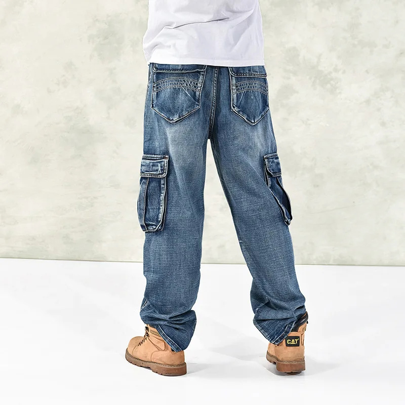 2022 New Japan Mens Straight Denim Cargo Pants Biker Jeans Men Baggy Loose Blue Pockets Jeans Men