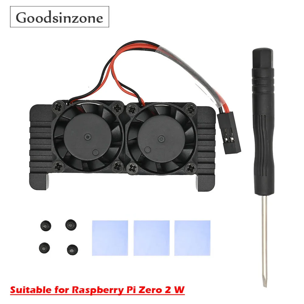 Корпус Raspberry Pi Zero 2 W с комплектом двух вентиляторов, набором радиаторов и клеевой лентой для охлаждения 2W.