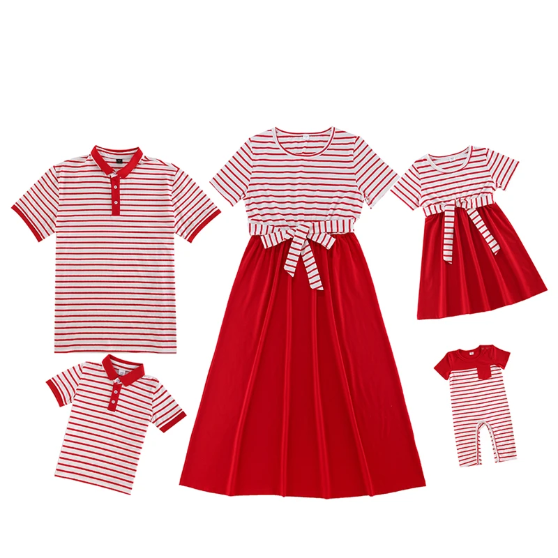 

2023 Summer Mother Daughter Father Son Matching Outfits Striped Dress with Bow Button T-Shirt Girl Boy Family Look Baby Rompers