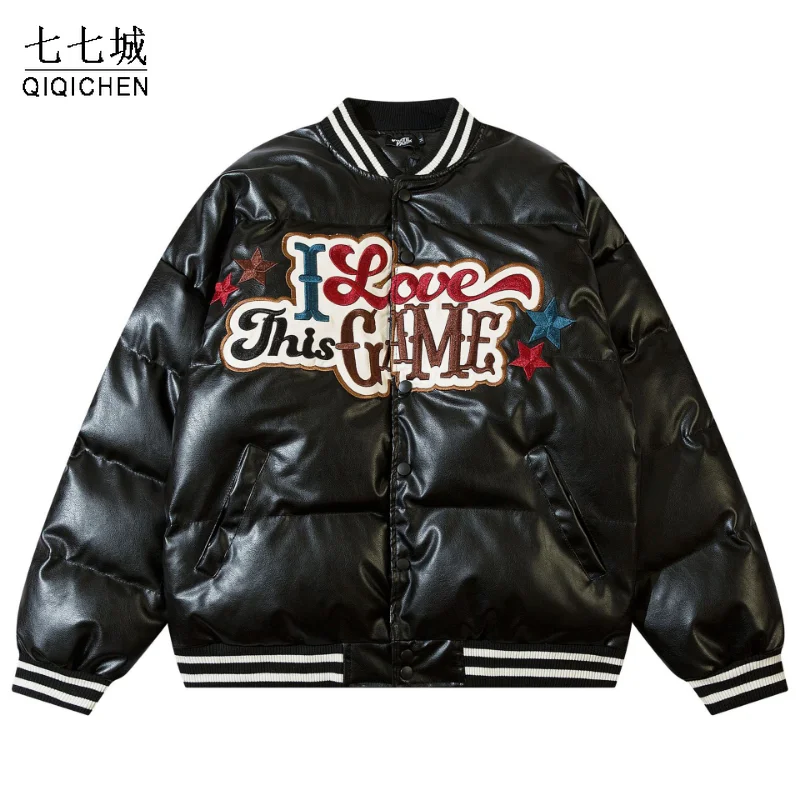 

Mens Winter PU Parkas Vintage Zipper Cotton-padded Hooded Jackets Thick Warm Street Oversized Outerwear Baseball Coat Winter New