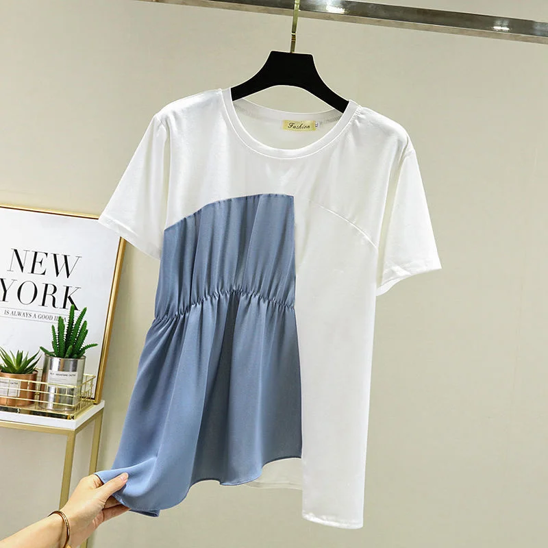 

Women's T-shirt Patchwork Loose Cotton Bottoming Design Sense Chic Top Short Sleeve T-shirt 2022 Summer