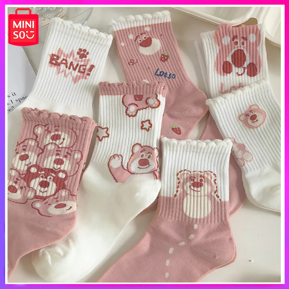 

Miniso Strawberry Bear Mid-Tube Stockings Go Withwinter High Appearance Level Cute Cartoon Sports Stockings for Christmas Gifts