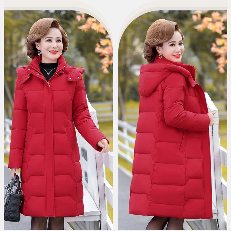 Middle-aged elderly mid-length over-the-knee cotton coat women's 2022 new down cotton coat mother clothing winter hooded clothes