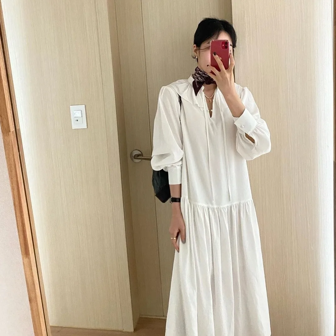 

Women's Ruffles Loose Long Sleeve Over Knee Dress New Stand Collar Solid Color Minimalist Lace Up Dress Female 2021 Spring Wear