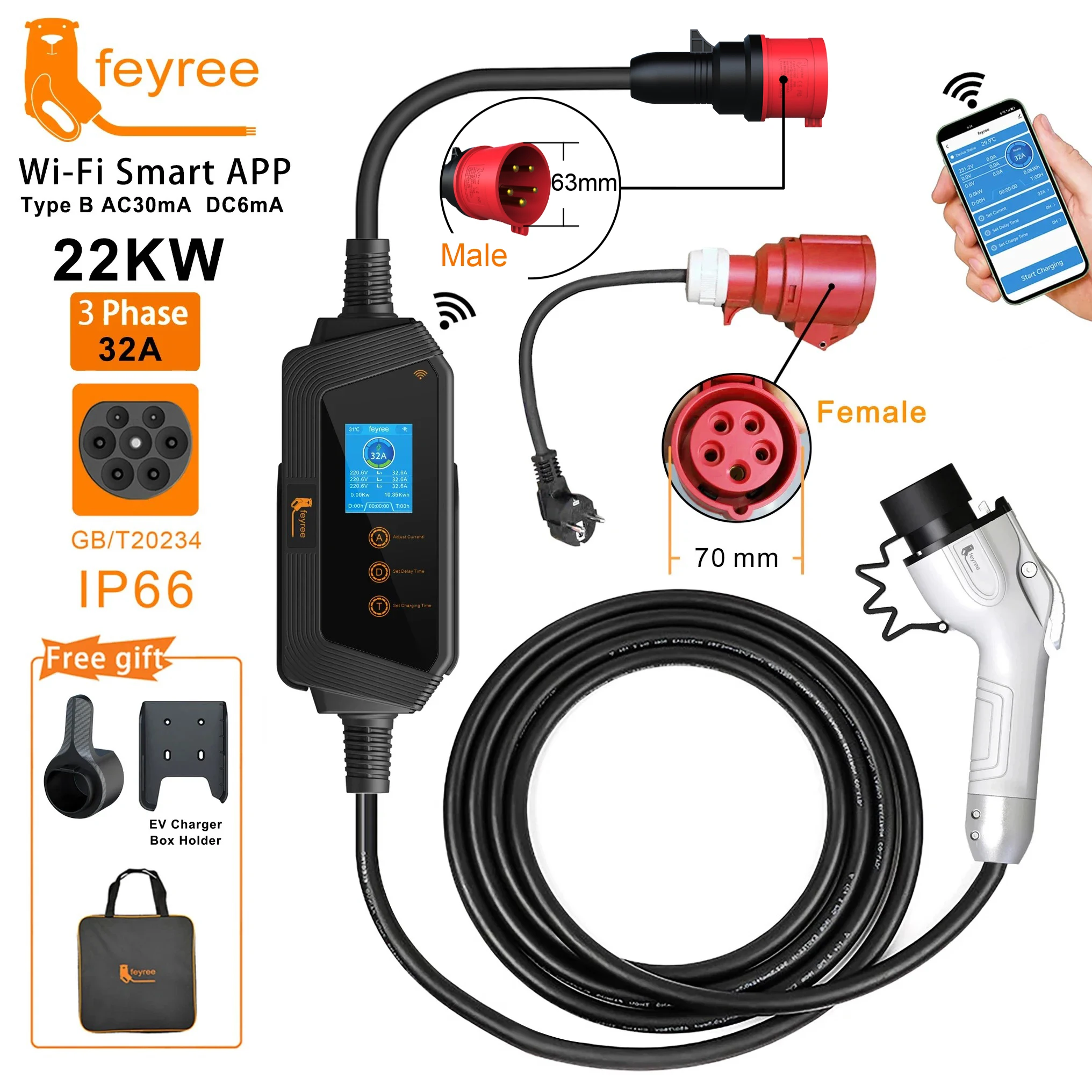 

Feyree Портативное зарядное устройство для электромобилей GBT Plug Fast 22KW 32A 3-фазная регулировка тока Wi-Fi Smart APP Управление Зарядная станция для электромобилей