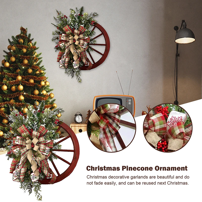 

Красный венок на колесах, винтажные Рождественские венки, ленты, сосновые деревья, гирлянды, зимний фермерский дом, Рождество, подвесной Дек...