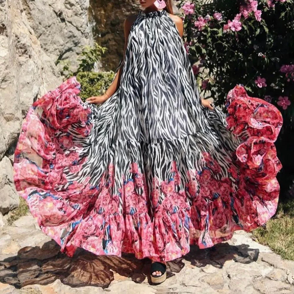 

2023 Women's Elegant Casual Sleeveless Vacation Beach Dress New Pattern Print Loose Maxi Dress Elegant O Neck Tie Party Dress