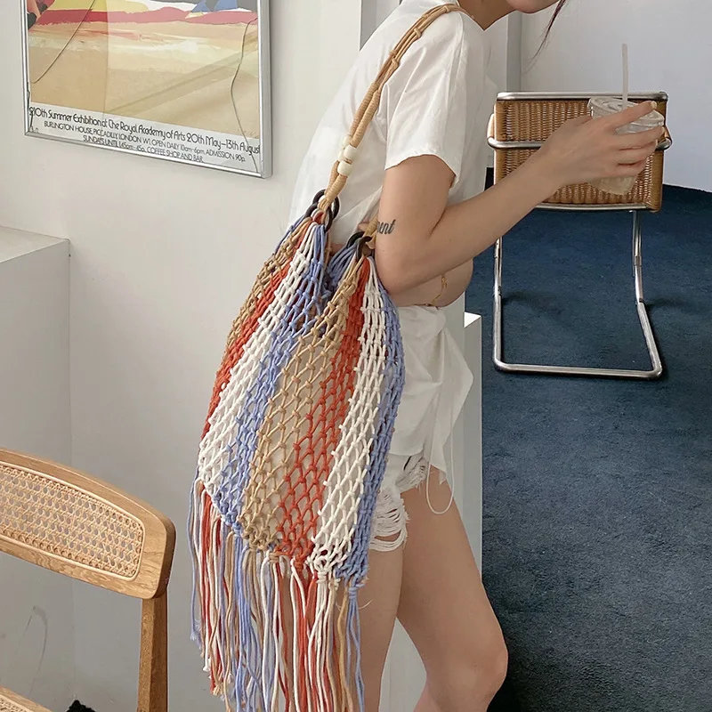 

Bohemian Knitted Bag Summer Handmade Woven Bag Shoulder Ethnic Style Tassel Bag Large Capacity Beach Bag Hollow Out Holiday Bag