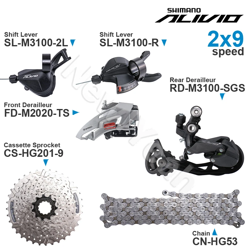 Скоростной групсет SHIMANO ALIVIO M3100 2x9 с переключателем передач и передним переключателем M2020 HG200 HG201, кассета звездочек, семейная цепь Скоростной групсет SHIMANO ALIVIO M3100 2x9 с переключателем передач и передним переключателем M2020 HG200 HG201, кассета звездочек, семейная цепь