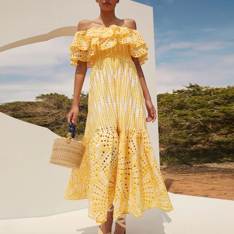 

Boho Beach Dress 2022 Summer Sexy One-Neck Ruffle Embroidered Hollow Out Big Hem Dress Long High Quality Free Shipping