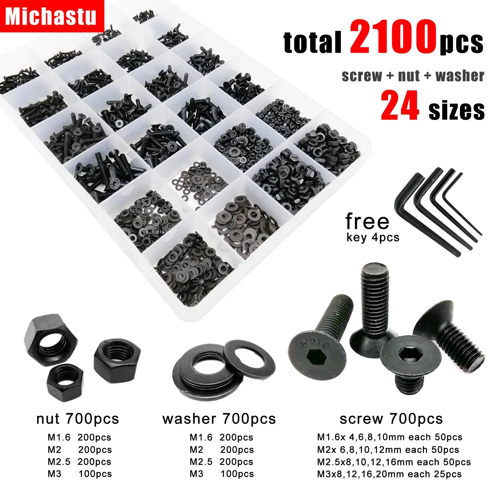 2100 Шт. Набор Винтов С Шестигранной Головкой И Плоской M1.6 M2-M2.5 M3 Болты Из Черной