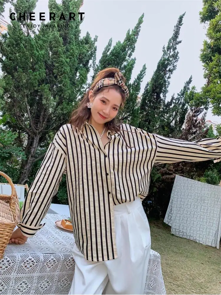 

CHEERART Spring 2022 Womens Fashion Striped Button Up Baggy Shirt Long Sleeve Top And Blouse Casual Collared Shirt French Style